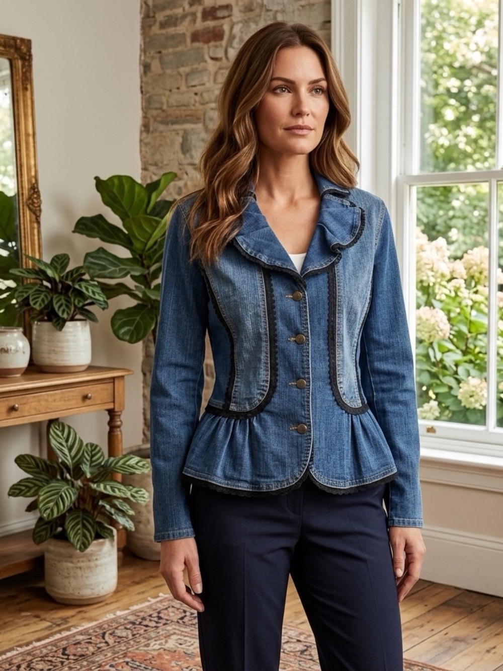 The Pyramid Collection Blue Denim Ruffle-Trim Jean Jacket